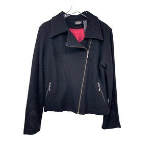 Harley Davidson Womans L Black Wool Jacket Embroidered Asymmetrical Zipper Pocke